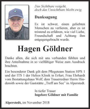 Traueranzeige von Hagen Göldner von Thüringer Allgemeine, Thüringische Landeszeitung