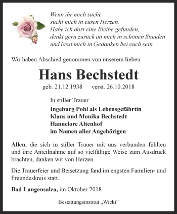 Traueranzeige von Hans Bechstedt von Thüringer Allgemeine, Thüringische Landeszeitung