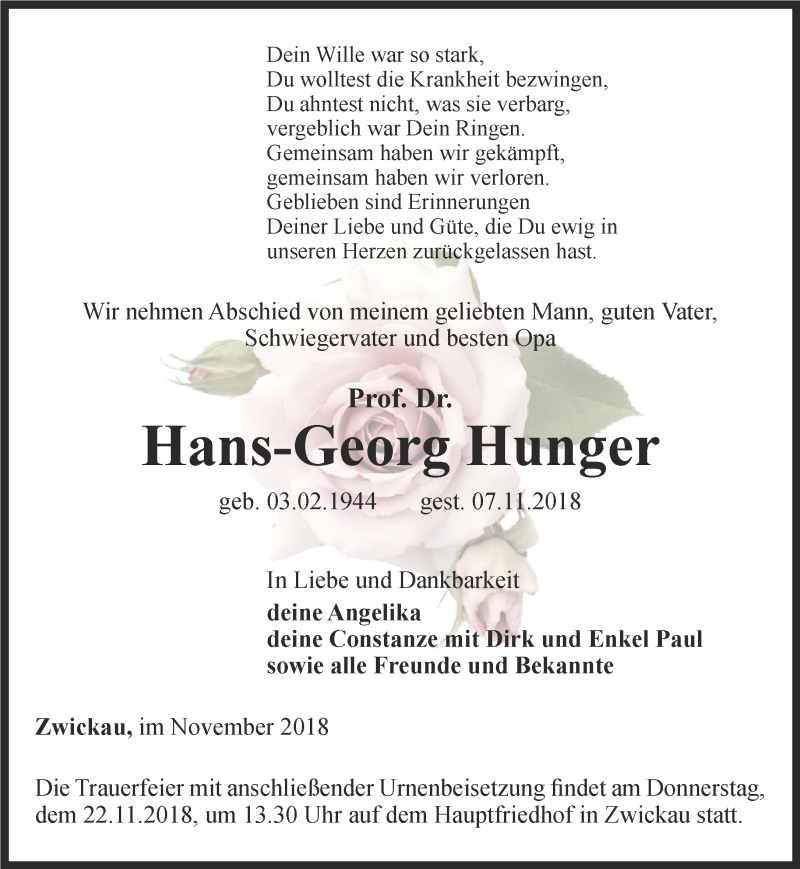  Traueranzeige für Hans-Georg Hunger vom 13.11.2018 aus Ostthüringer Zeitung