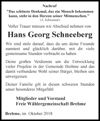 Traueranzeige von Hans Georg Schneeberg von Thüringer Allgemeine