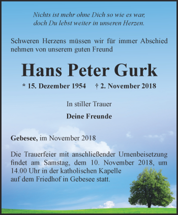 Traueranzeige von Hans Peter Gurk von Thüringer Allgemeine, Thüringische Landeszeitung