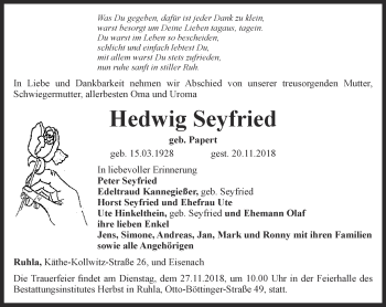 Traueranzeige von Hedwig Seyfried von Thüringer Allgemeine, Thüringische Landeszeitung