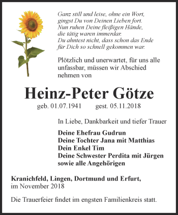 Traueranzeige von Heinz-Dieter Götze von Thüringer Allgemeine, Thüringische Landeszeitung