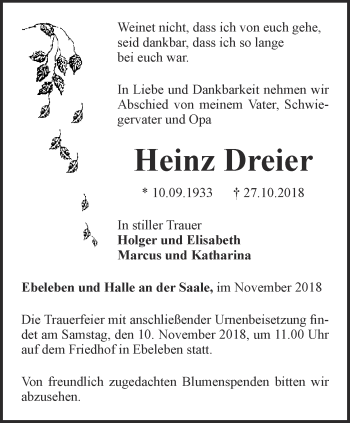 Traueranzeige von Heinz Dreier von Thüringer Allgemeine