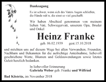 Traueranzeige von Heinz Franke von Ostthüringer Zeitung