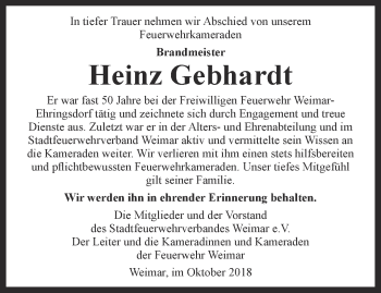 Traueranzeige von Heinz Gebhardt von Thüringer Allgemeine, Thüringische Landeszeitung