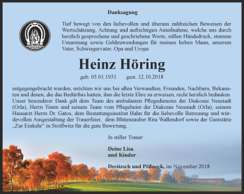 Traueranzeige von Heinz Höring von Ostthüringer Zeitung