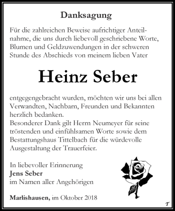 Traueranzeige von Heinz Seber von Thüringer Allgemeine