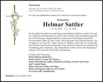 Traueranzeige von Helmar Sattler von Ostthüringer Zeitung