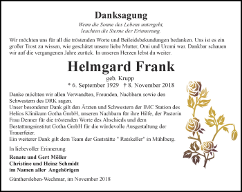 Traueranzeige von Helmgard Frank von Ostthüringer Zeitung, Thüringische Landeszeitung