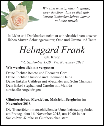 Traueranzeige von Helmgard Frank von Ostthüringer Zeitung, Thüringische Landeszeitung