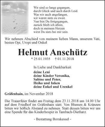 Traueranzeige von Helmut Anschütz von Ostthüringer Zeitung, Thüringische Landeszeitung