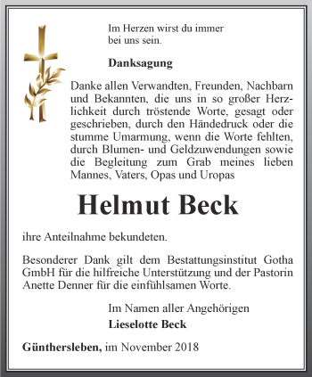 Traueranzeige von Helmut Beck von Ostthüringer Zeitung, Thüringische Landeszeitung