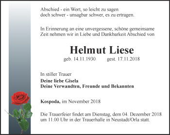 Traueranzeige von Helmut Liese