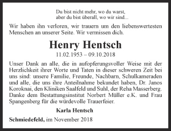 Traueranzeige von Henry Hentsch von Ostthüringer Zeitung