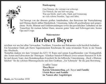 Traueranzeige von Herbert Beyer von Ostthüringer Zeitung