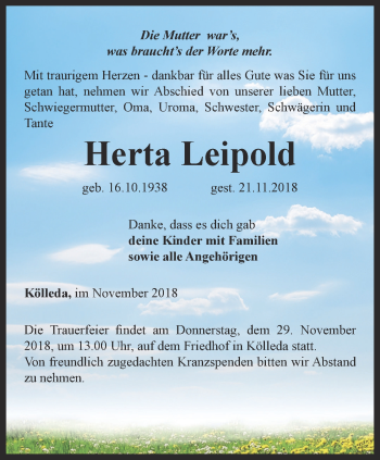 Traueranzeige von Herta Leipold von Thüringer Allgemeine