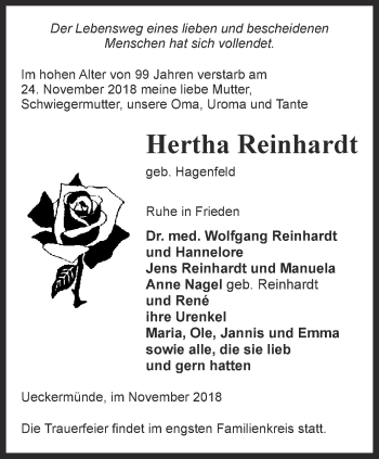 Traueranzeige von Hertha Reinhardt von Thüringer Allgemeine