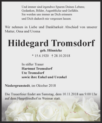 Traueranzeige von Hildegard Tromsdorf von Thüringer Allgemeine, Thüringische Landeszeitung