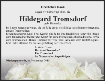 Traueranzeige von Hildegard Tromsdorf von Thüringer Allgemeine, Thüringische Landeszeitung