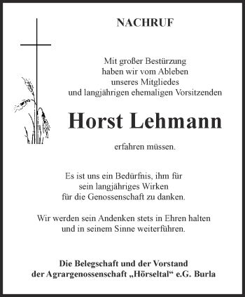 Traueranzeige von Horst Lehmann von Thüringer Allgemeine, Thüringische Landeszeitung