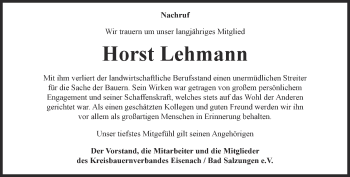 Traueranzeige von Horst Lehmann von Thüringer Allgemeine, Thüringische Landeszeitung