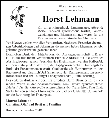Traueranzeige von Horst Lehmann von Thüringer Allgemeine, Thüringische Landeszeitung