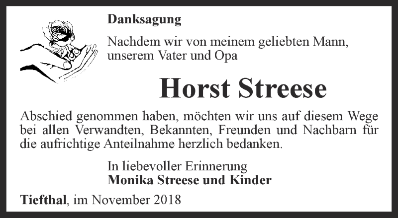  Traueranzeige für Horst Streese vom 24.11.2018 aus Thüringer Allgemeine, Thüringische Landeszeitung