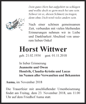 Traueranzeige von Horst Wittwer von Ostthüringer Zeitung