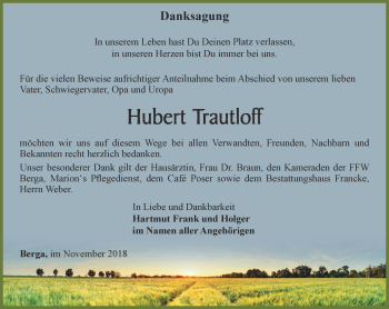 Traueranzeige von Hubert Trautloff von Ostthüringer Zeitung