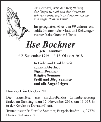 Traueranzeige von Ilse Bockner von Ostthüringer Zeitung, Thüringische Landeszeitung