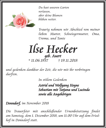 Traueranzeige von Ilse Hecker von Thüringer Allgemeine