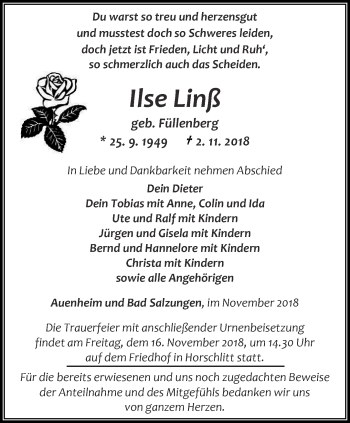 Traueranzeige von Ilse Linß von Thüringer Allgemeine, Thüringische Landeszeitung