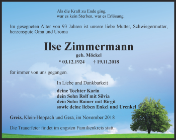 Traueranzeige von Ilse Zimmermann