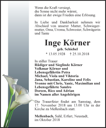 Traueranzeige von Inge Körner von Ostthüringer Zeitung