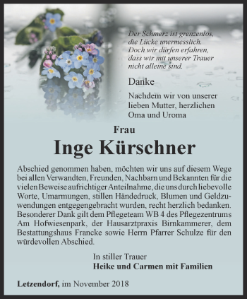Traueranzeige von Inge Kürschner von Ostthüringer Zeitung