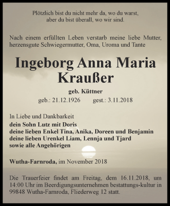 Traueranzeige von Ingeborg Anna Maria Kraußer von Thüringer Allgemeine, Thüringische Landeszeitung