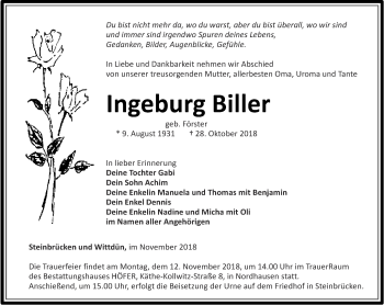 Traueranzeige von Ingeburg Biller von Thüringer Allgemeine