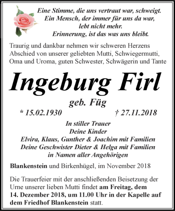 Traueranzeige von Ingeburg Firl von Ostthüringer Zeitung