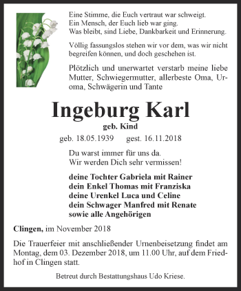 Traueranzeige von Ingeburg Karl von Thüringer Allgemeine