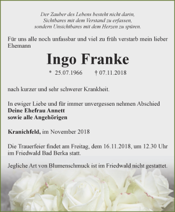 Traueranzeige von Ingo Franke von Thüringer Allgemeine, Thüringische Landeszeitung