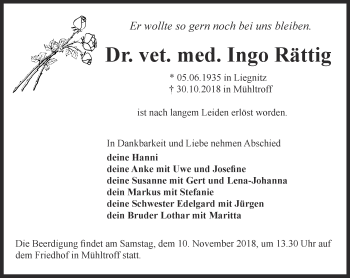 Traueranzeige von Ingo Rättig von Ostthüringer Zeitung