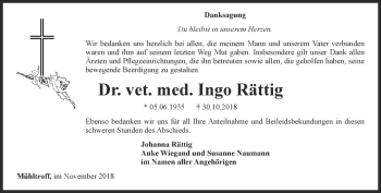 Traueranzeige von Ingo Rättig von Ostthüringer Zeitung