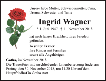 Traueranzeige von Ingrid Wagner von Ostthüringer Zeitung, Thüringische Landeszeitung