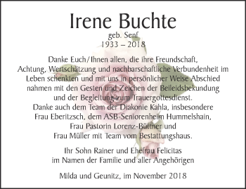 Traueranzeige von Irene Buchte von Ostthüringer Zeitung, Thüringische Landeszeitung