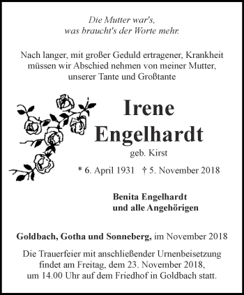 Traueranzeige von Irene Engelhardt  von Ostthüringer Zeitung, Thüringische Landeszeitung