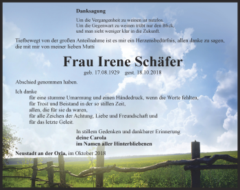 Traueranzeige von Irene Schäfer von Ostthüringer Zeitung