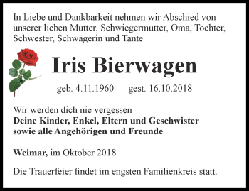 Traueranzeige von Iris Bierwagen von Thüringer Allgemeine, Thüringische Landeszeitung