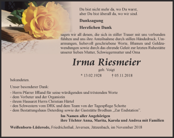 Traueranzeige von Irma Riesmeier von Thüringer Allgemeine