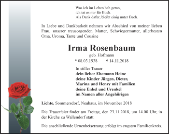 Traueranzeige von Irma Rosenbaum von Ostthüringer Zeitung